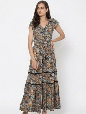 AMERICAN EAGLE Ditsy Floral Lace Tiered Peasant Maxi Dress Boho Fall Size XL